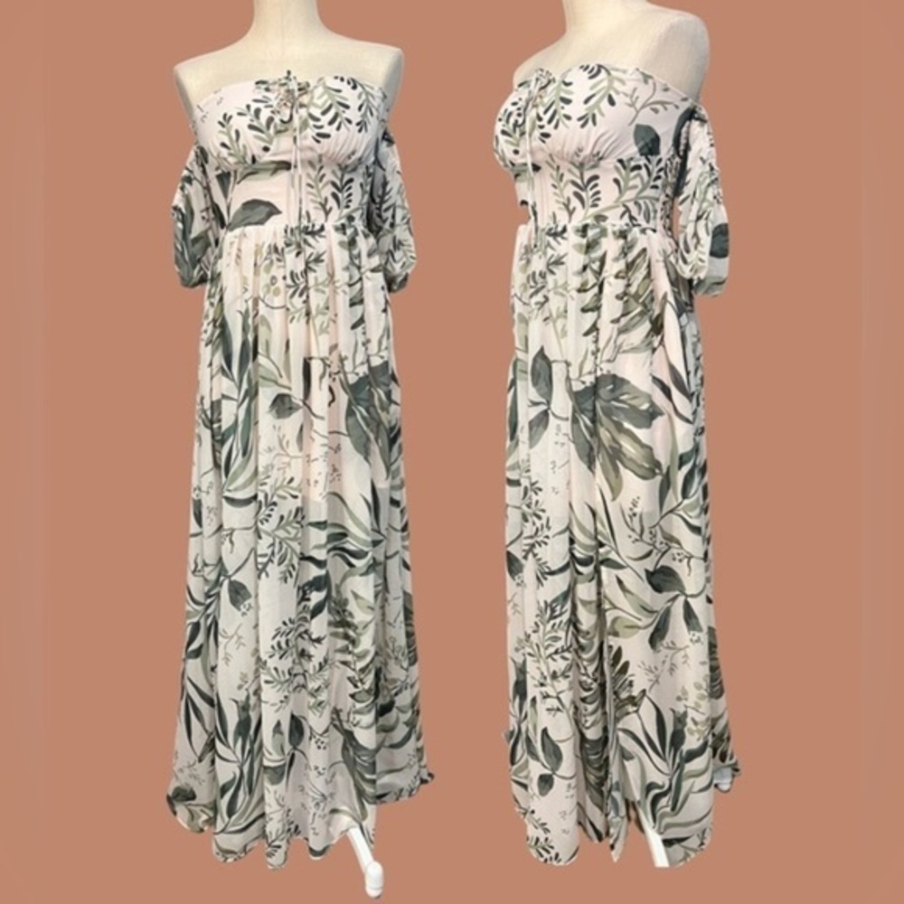 BY EGREIS tropical lace up chest flowy maxi dress with long front side slit - Picture 1 of 17